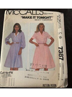 McCall's Misses Dress Sewing Pattern Size 8 10 12 7387 Uncut 1980s